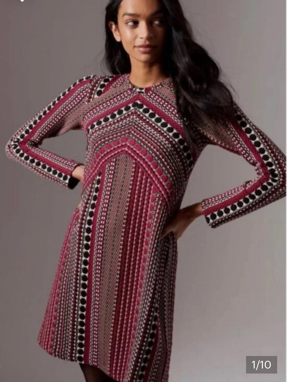 Anthropologie Pink Geometric-Print Long-Sleeve Dress - Size XL